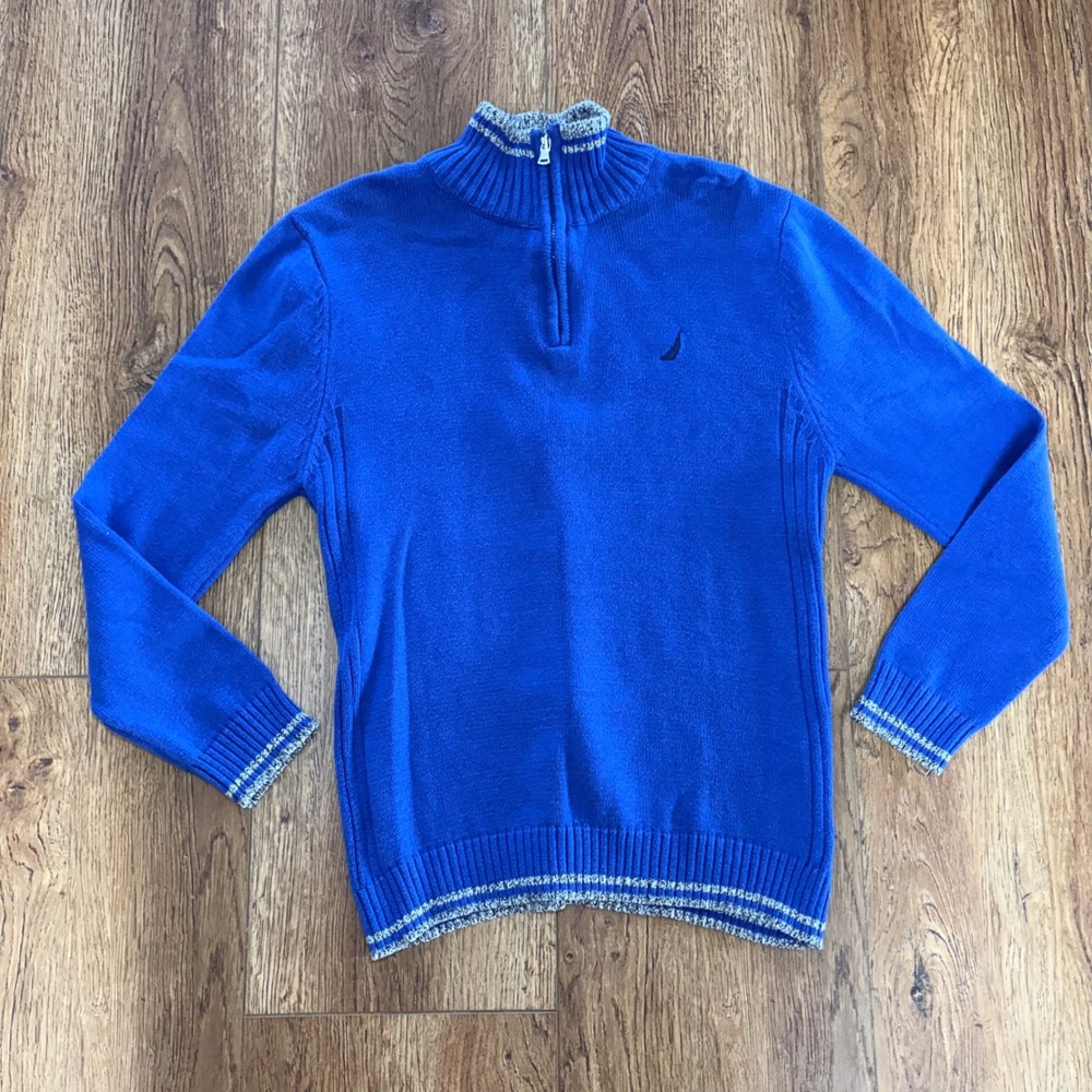 Nautica Boys Royal Blue 1/4 Zip Cotton Sweater Size L 14/16 Mock Neck Knit